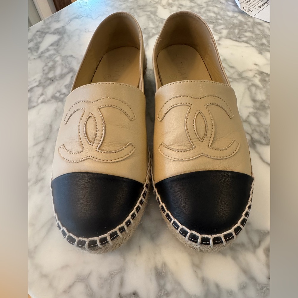 Authentic CHANEL ESPADRILLES - Beige & Black EUC
